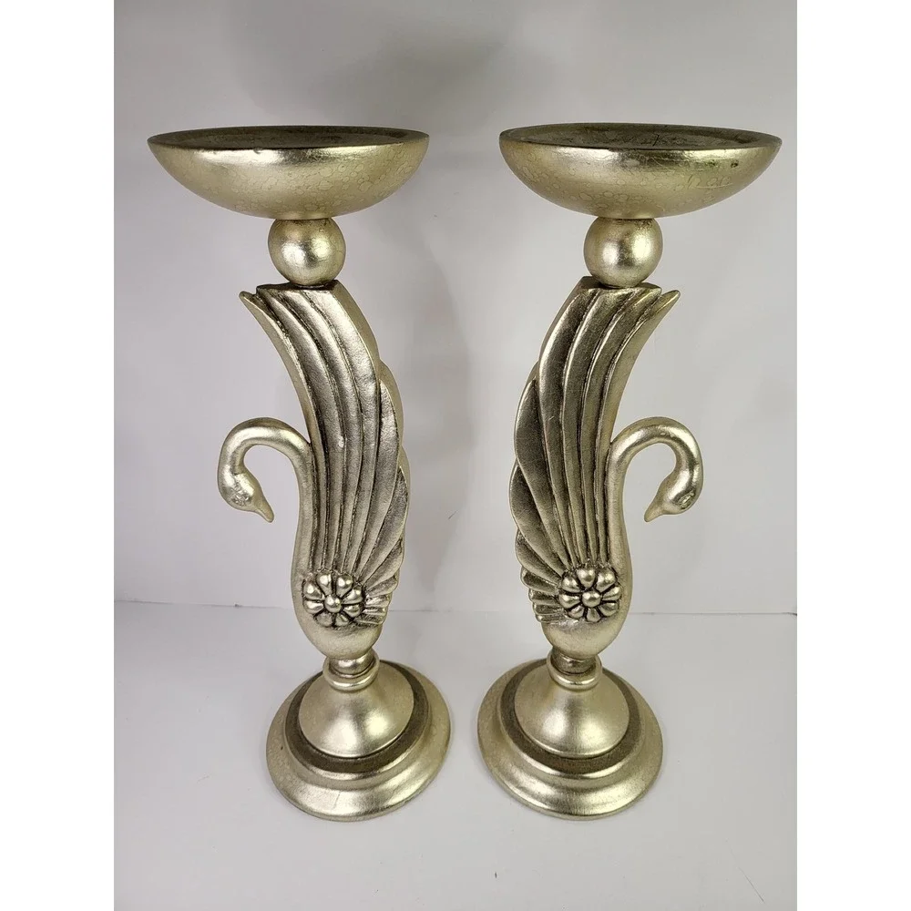Vintage 1980s Art Deco Gold Swan Pillar Candle Holders - Hollywood Regency 15.5